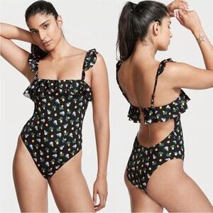 👙 Victoria's Secret Black Floral Ruffle One Piece Cut outs Swimsuit XL